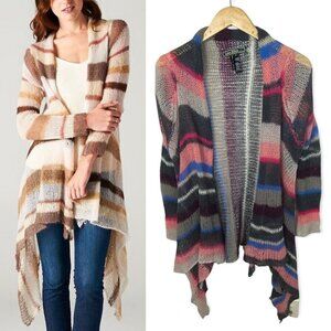 Love Stitch Mohair‎ Pink Grey Blue Striped Open Knit Cardigan Sweater Size Small